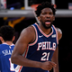 Joel Embiid reacts after hitting a three in last night’s win over the Lakers.